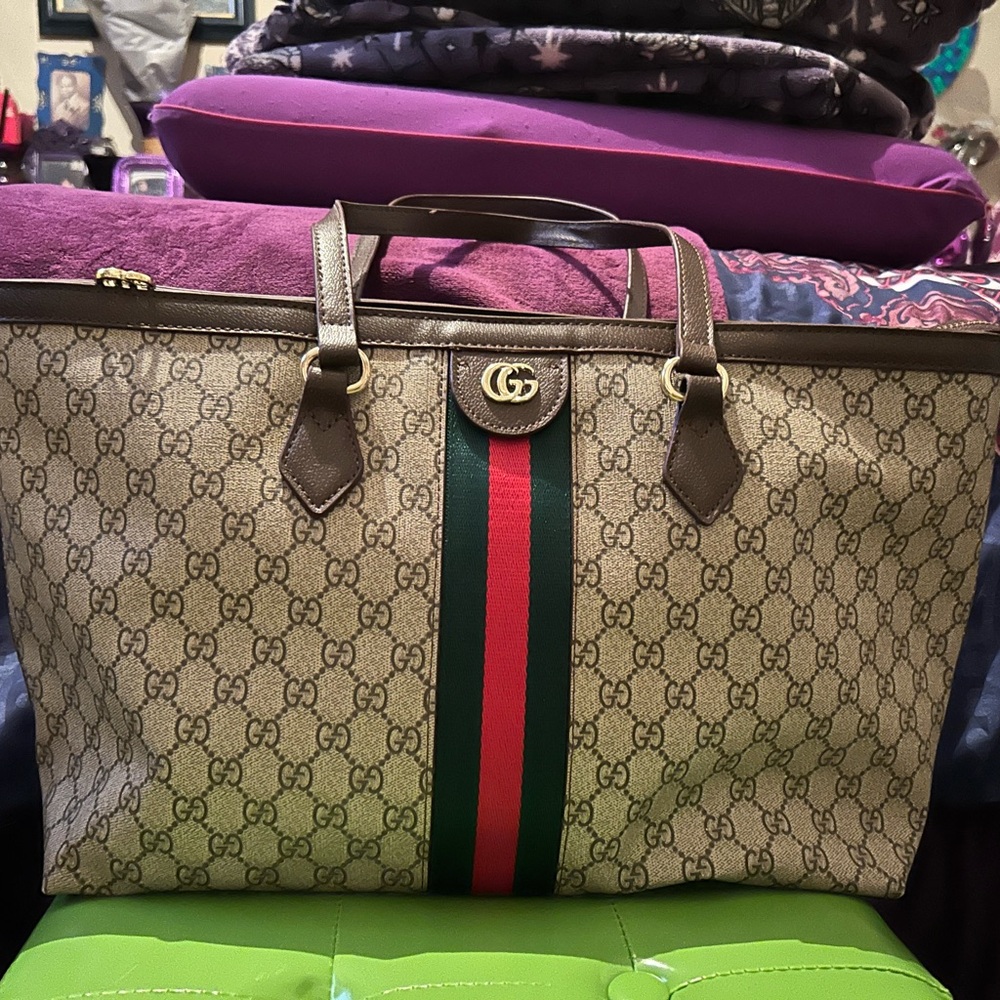 Gucci Monogram Tote with Red and Green Stripe